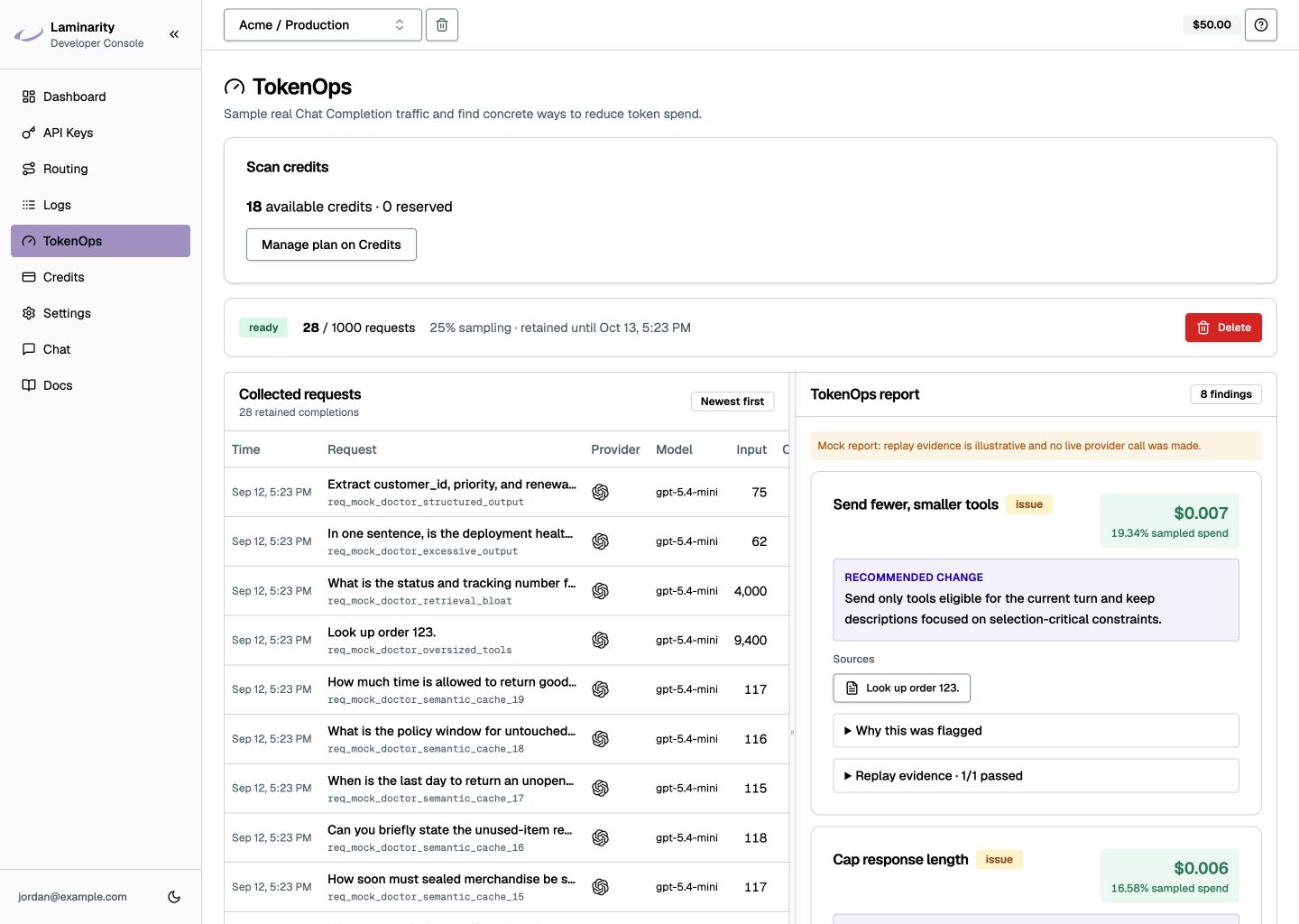 TokenOps sample report with request analysis and prioritized prompt, context, and tool-output recommendations